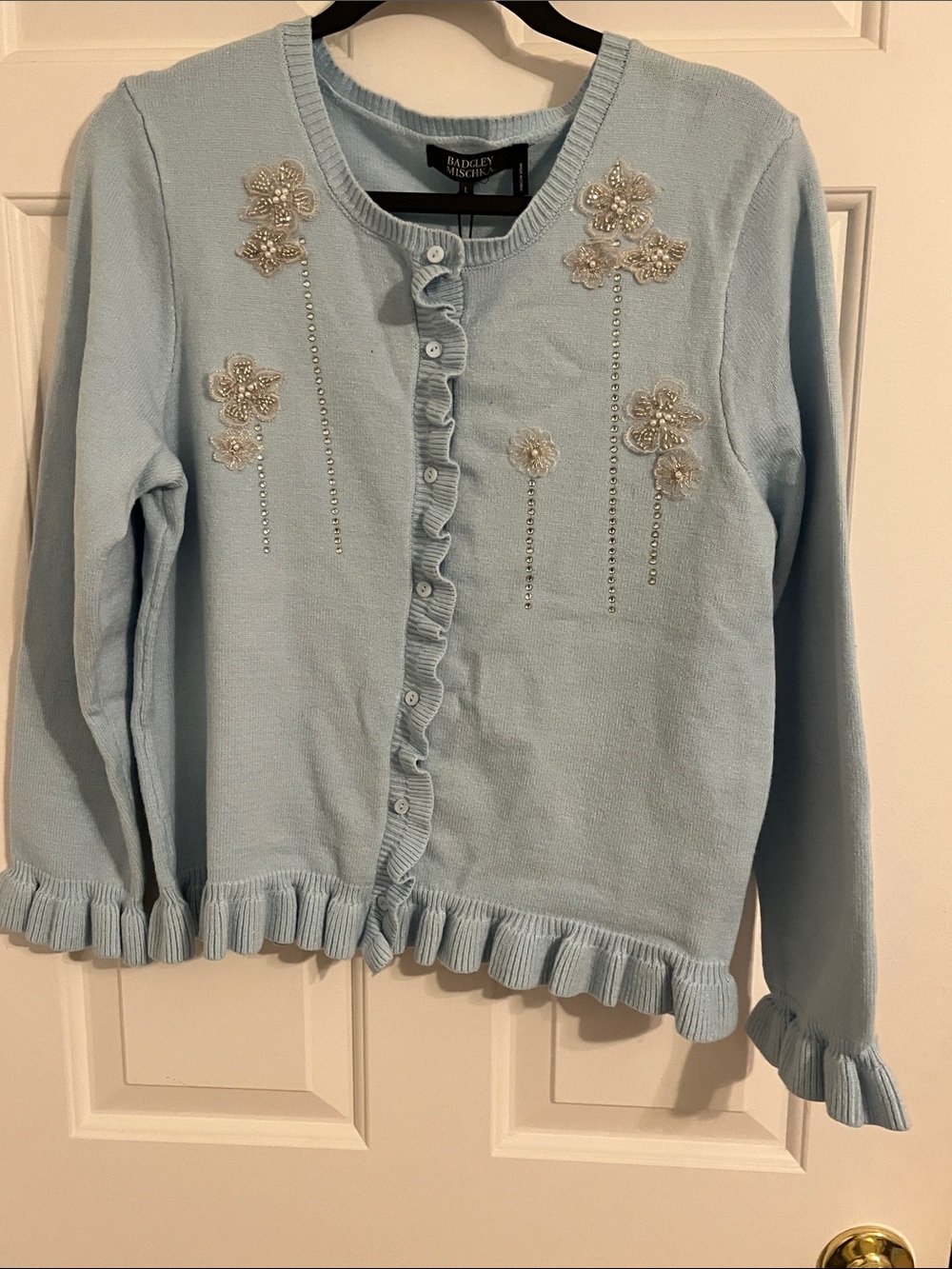 Badgley Mischka Light Blue Beaded Ruffle Cardigan